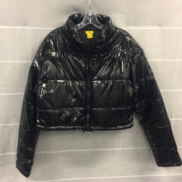 NEW!  BLACK CROPPED PUFFER JACKET SHINY, Large - Picture 1 of 3